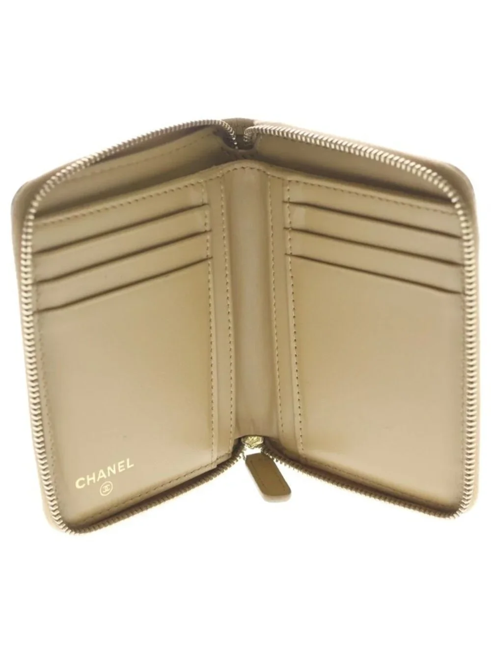 Chanel CC Logo Quilted Caviar Leather Round Zip Compact Wallet Beige Gold